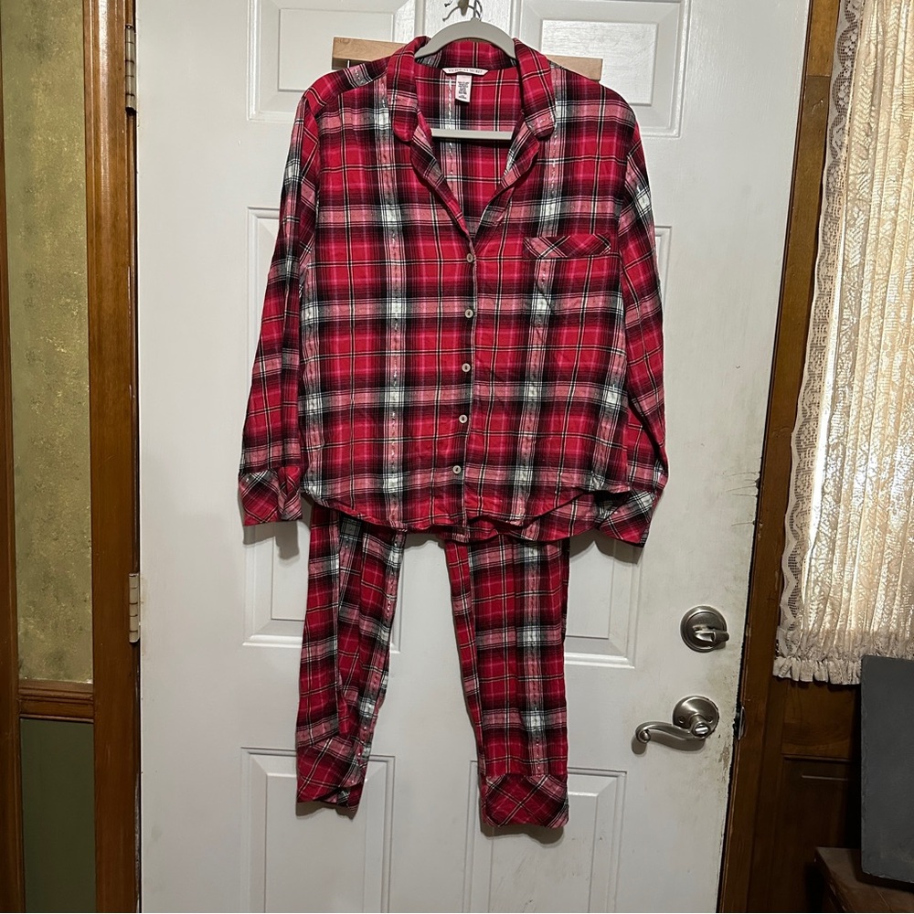 Victoria's‎ Secret Plaid Button Down PJ Set Red Metallic Women L Top Med Bottom